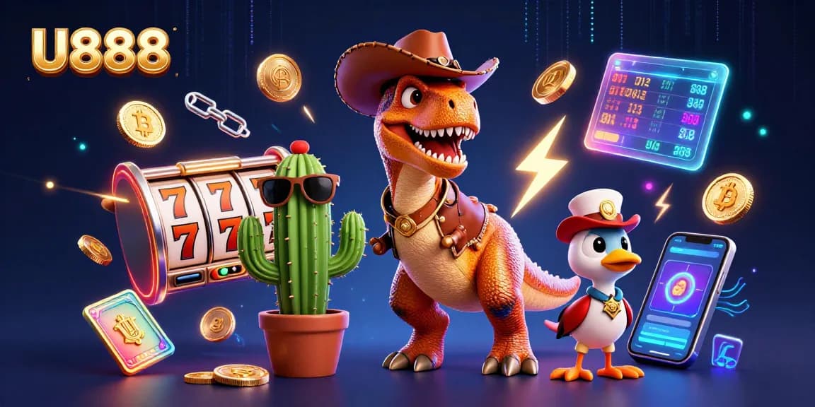 U888 features a colorful scene with T-Rex and friends exploring vibrant slot games, enhancing the gaming experience.