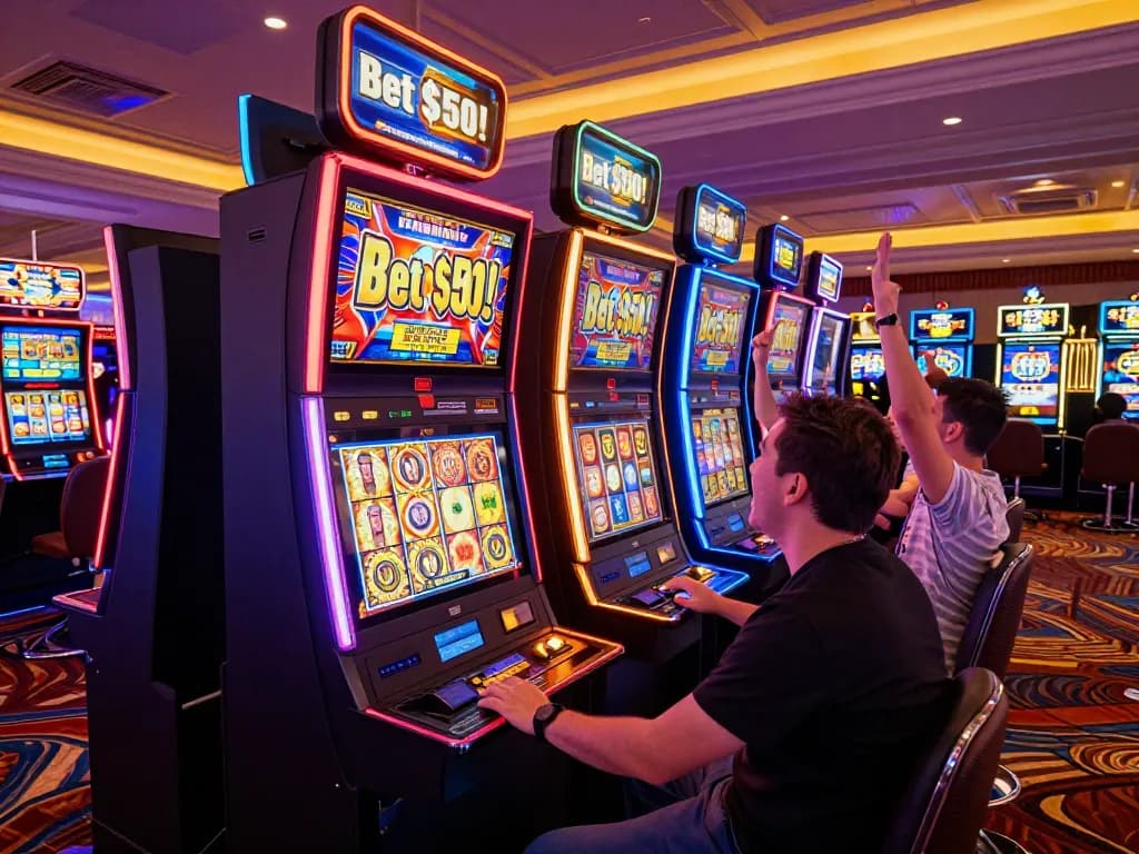 A player engaging in a slot bet 50 at a colorful Las Vegas casino, pressing the spin button with excitement.