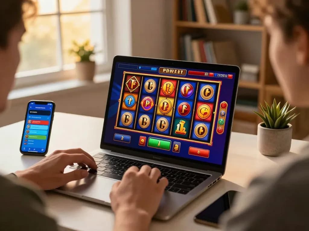 Taisunwin player enjoying online slots game on laptop with warm home ambiance.