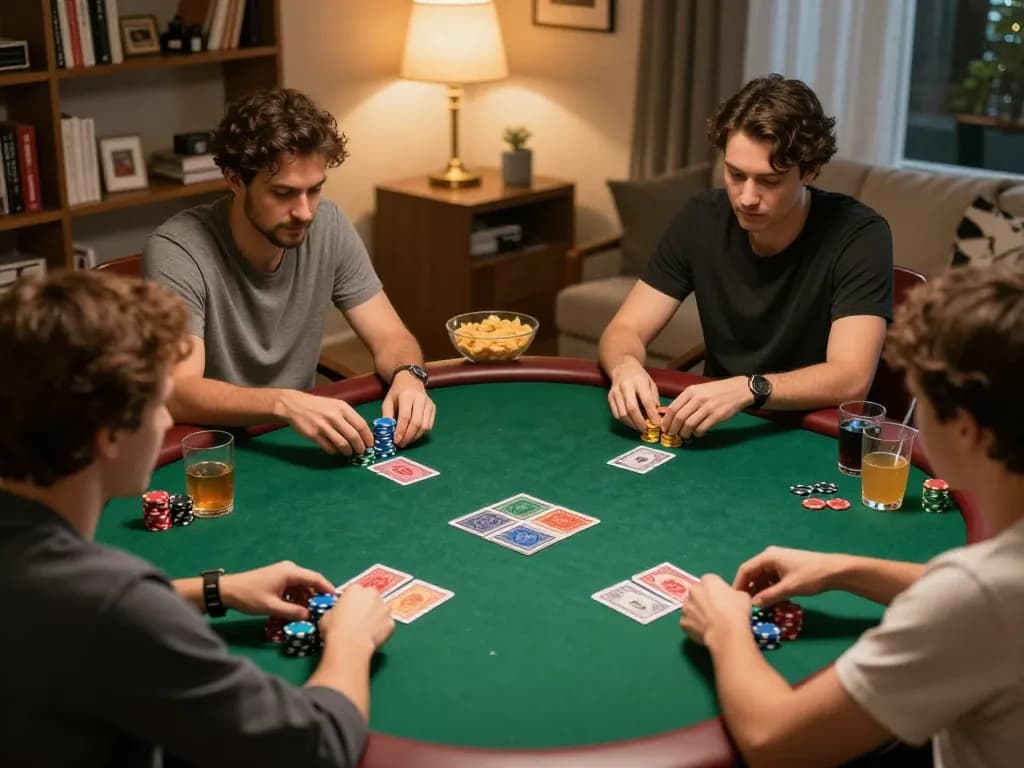 Friends engaging in a lively poker game at home, showcasing hidden wiki strategies and social gaming dynamics.