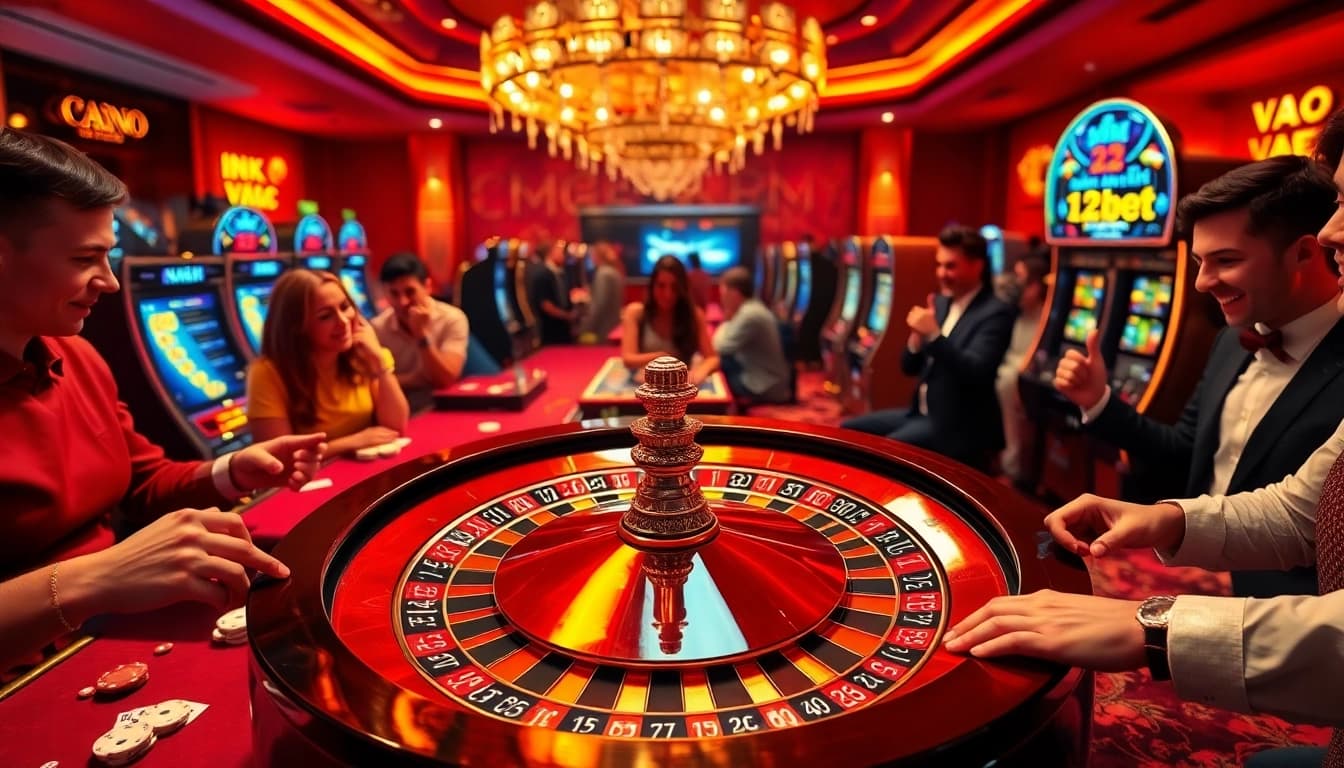 Exciting gambling scene featuring ink vao 12bet with players celebrating wins around casino table.