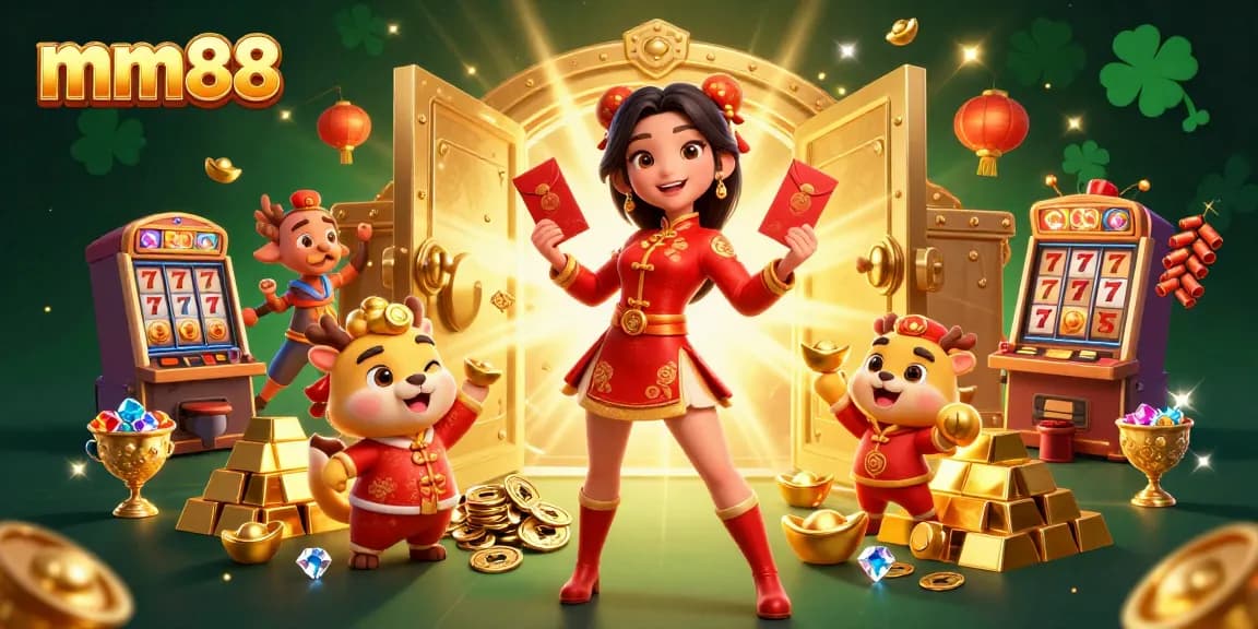 Experience the excitement of winning at mm88 with vibrant symbols, characters, and casino elements.
