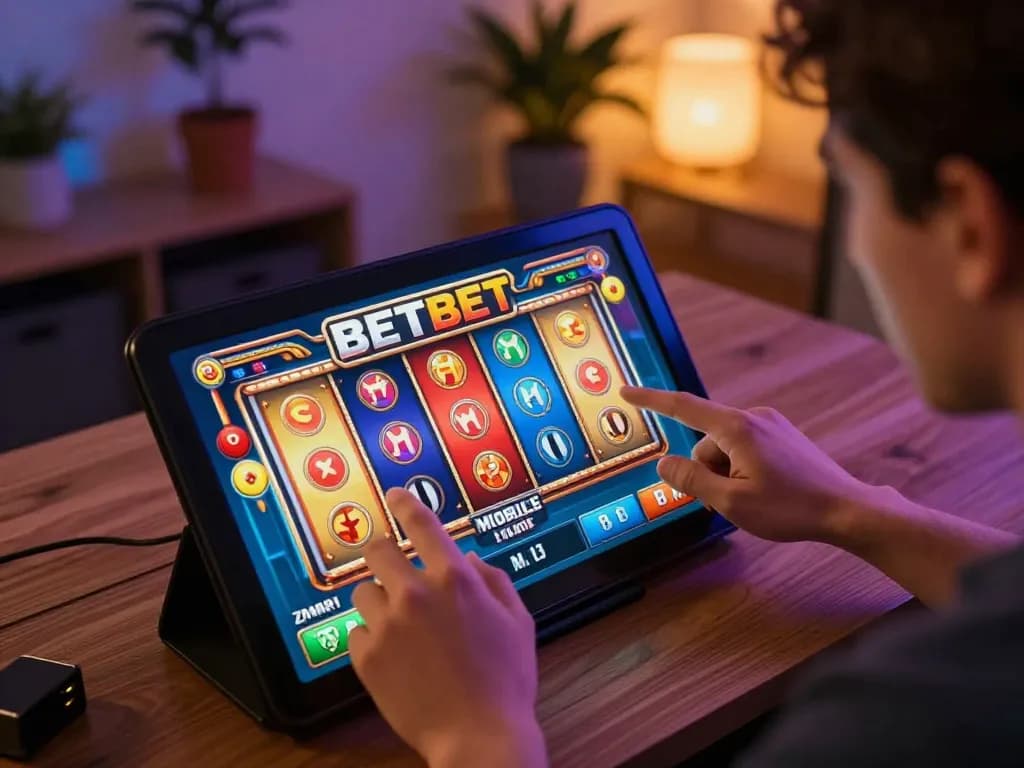 Player enjoying BETBET mobile slots in a cozy gaming room with vibrant ambient lighting.