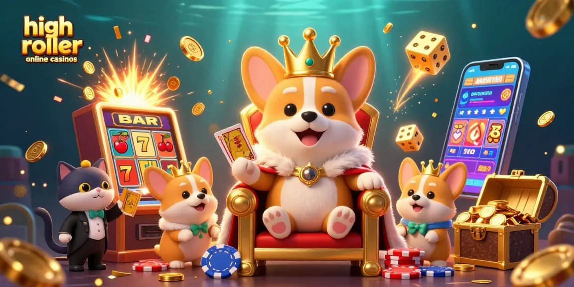 Experience the thrill of high roller online casinos with a royal corgi on a throne amidst jackpot excitement.