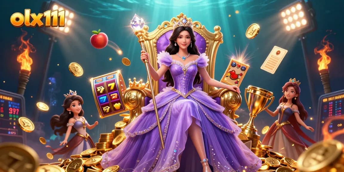 Play slots with olx111, featuring a glamorous princess and immersive casino elements