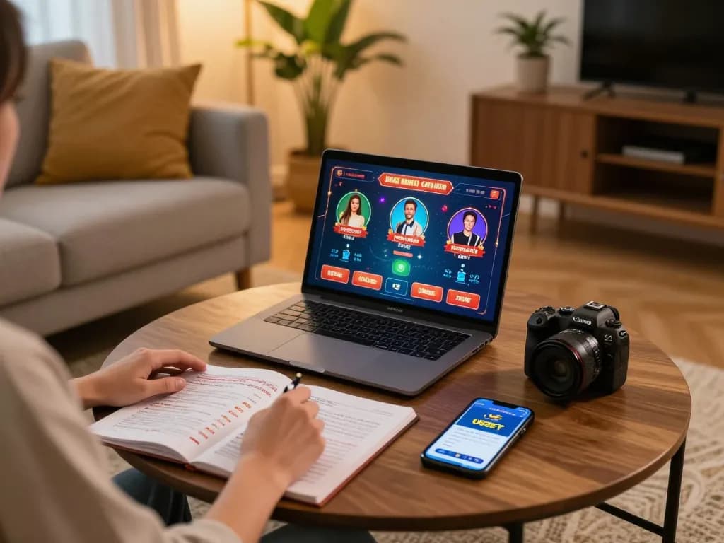 Engaging in online gambling with USBET app on laptop in a cozy home environment