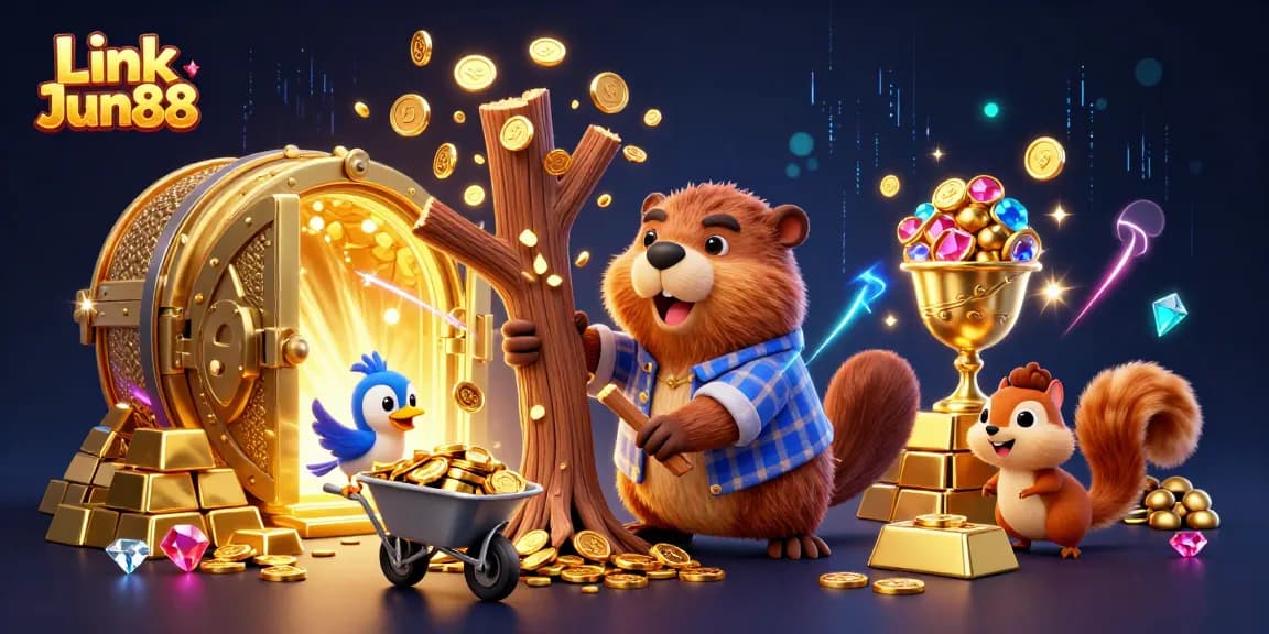 Experience Link Jun88's thrilling gaming adventure with a beaver, bird, and squirrel amidst wealth.