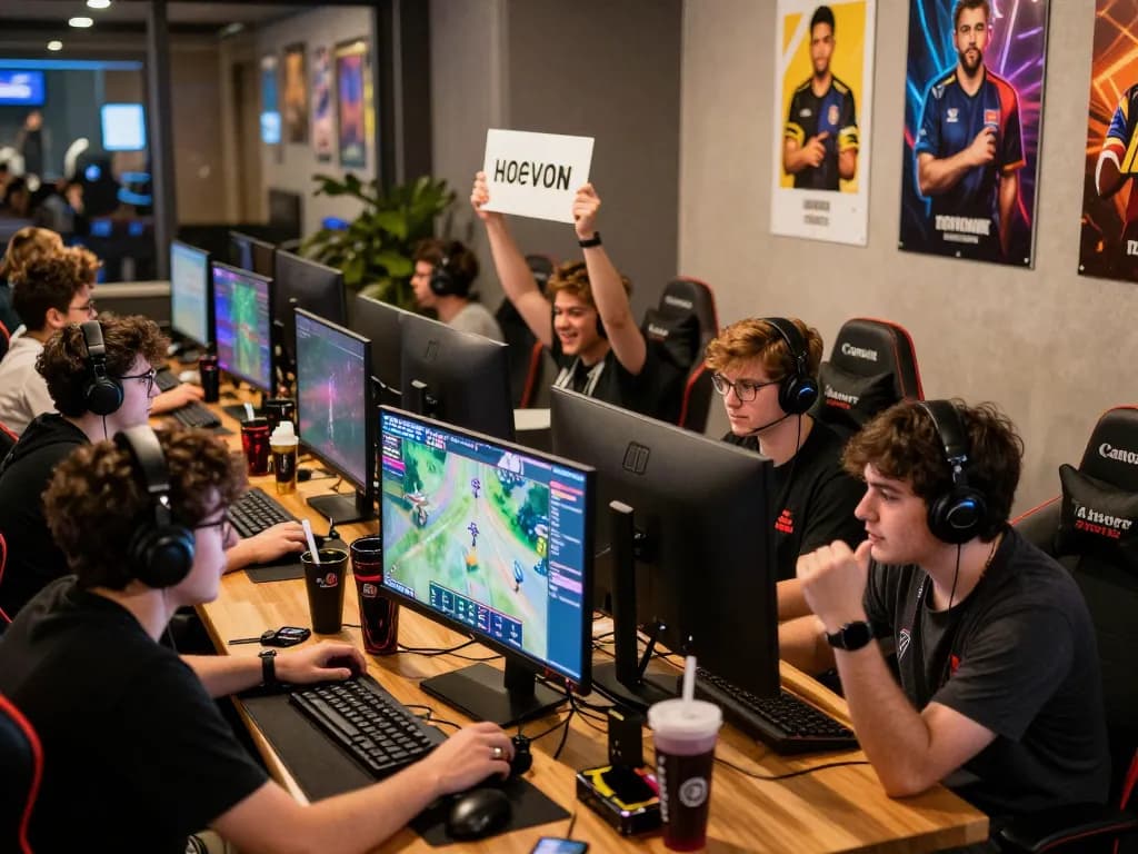 Engaged gamers participating in esports betting Singapore at a lively tournament with vibrant lights and screens.