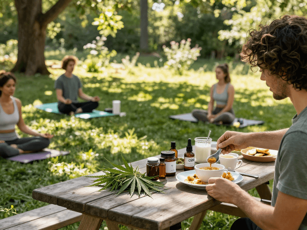Top shelf flower delivery featured in a serene outdoor wellness scene with CBD oils and healthy food, promoting natural wellness.