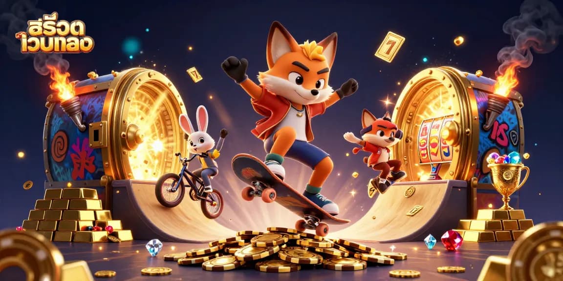 Experience the excitement of สล็อตเว็บตรง with a skateboarder fox and BMX rabbit surrounded by dazzling casino treasures.