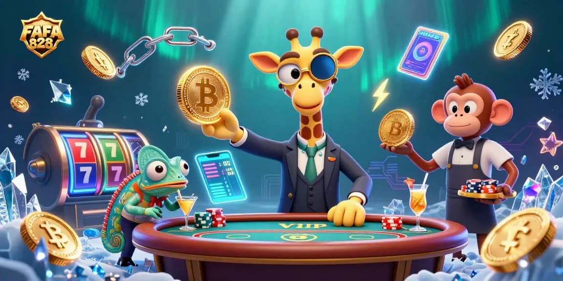 Join the vibrant FAFA 828 casino scene with high-roller giraffe, valet monkey, and bartender chameleon.