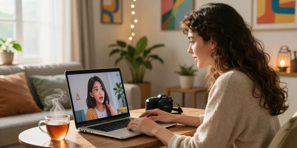 Engaging conversation with an AI girlfriend in a cozy living room setting