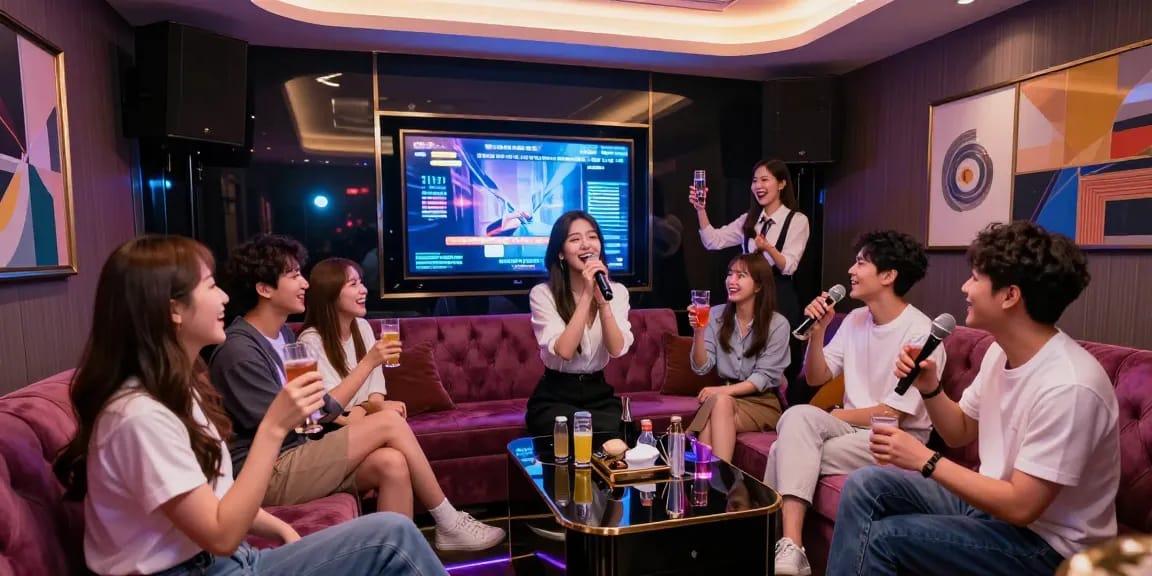 Thrilling 강남가라오케 experience with friends enjoying a private karaoke room filled with vibrant lights and luxury.