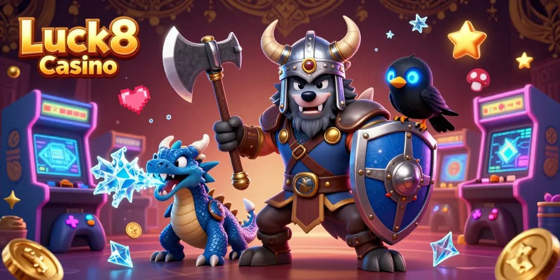 Engage with Luck8 Casino's thrilling atmosphere featuring vibrant characters and gaming elements.
