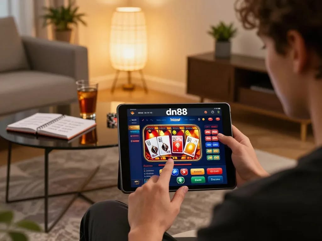 Engaging player at home using trang chủ dn88 app for strategic online gambling.