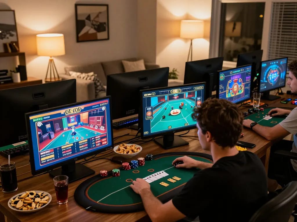 Engaging player at home using vmax online casino app for poker, showcasing strategic gameplay