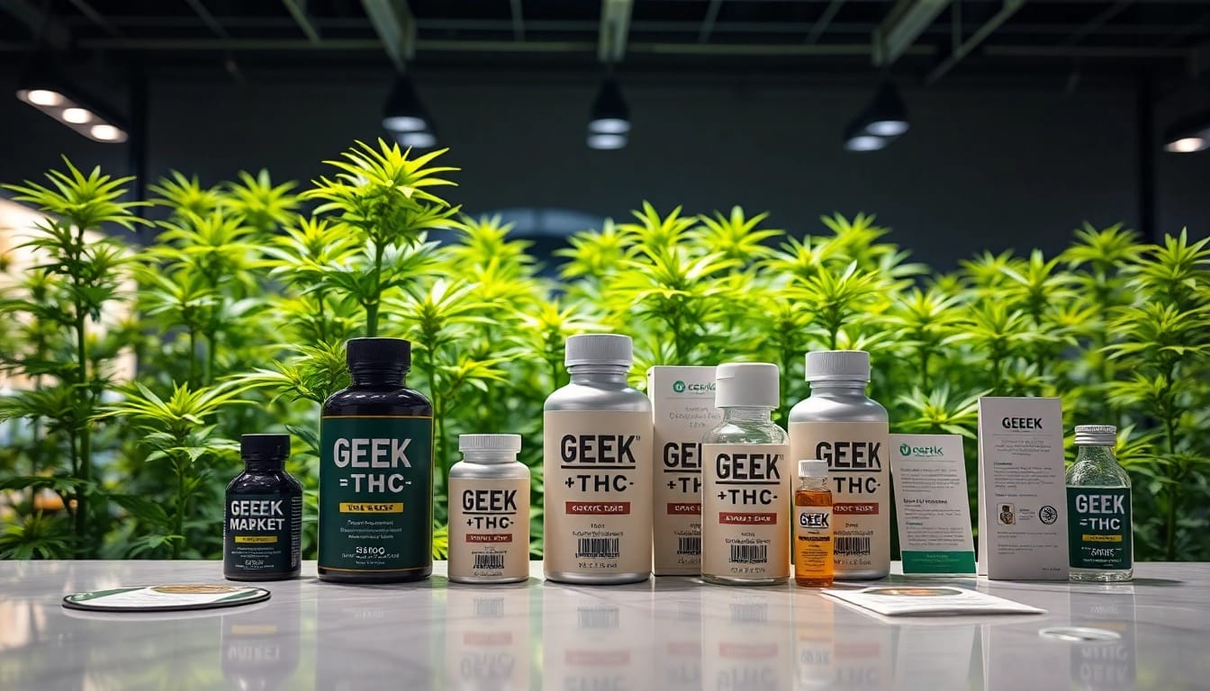 Explore GEEK THC product displays with vibrant cannabis plants in a lively setting.