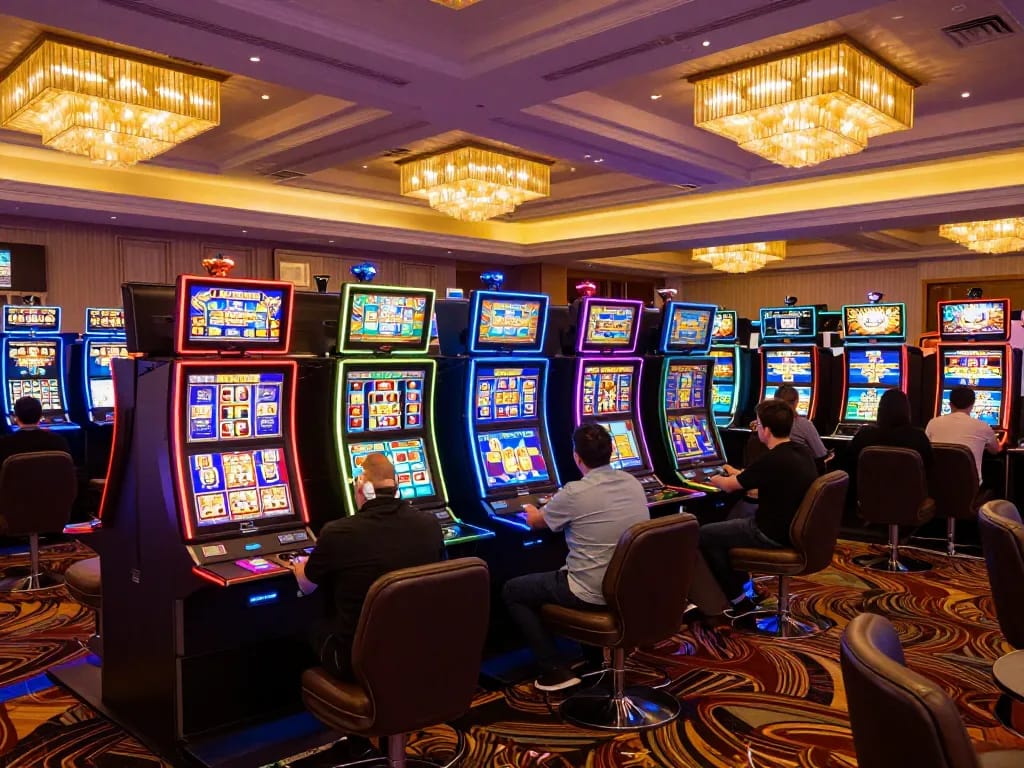 Players enjoying vibrant slot gacor machines in a lively casino setting, celebrating wins.