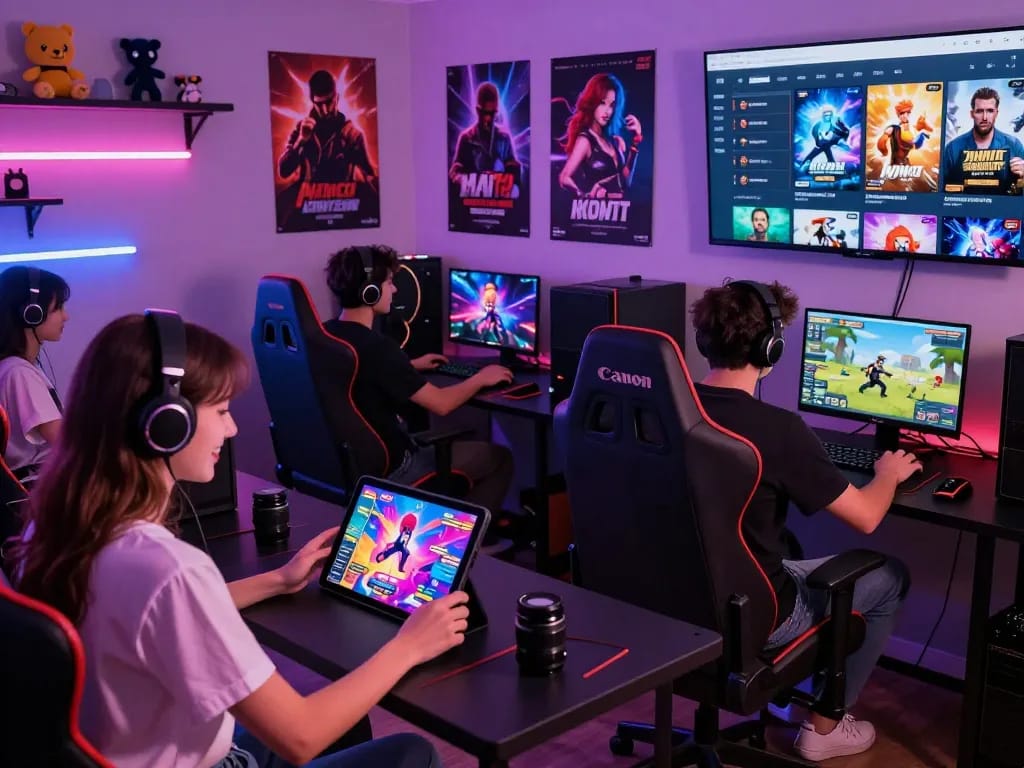 Engaging scene of players enjoying sex games online in a vibrant gaming lounge