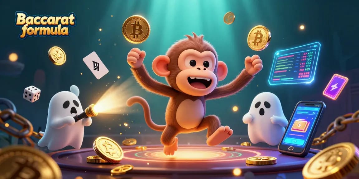 Engage with the Baccarat formula in a lively 3D casino scene featuring a juggling monkey and a curious puppy.