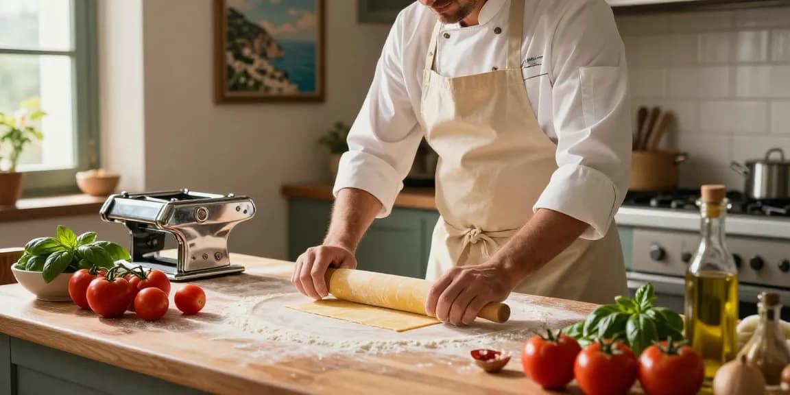 Chef preparing Italian pasta with fresh ingredients in a rustic kitchen