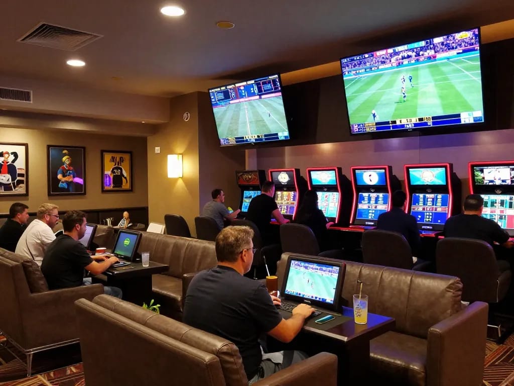 Patrons engaging in live sports betting at a high-end lounge, focusing on the hit club atmosphere.