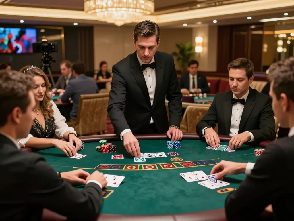 Players placing bets and strategizing in a blackjack game at bj886 casino, showcasing high-stakes action.