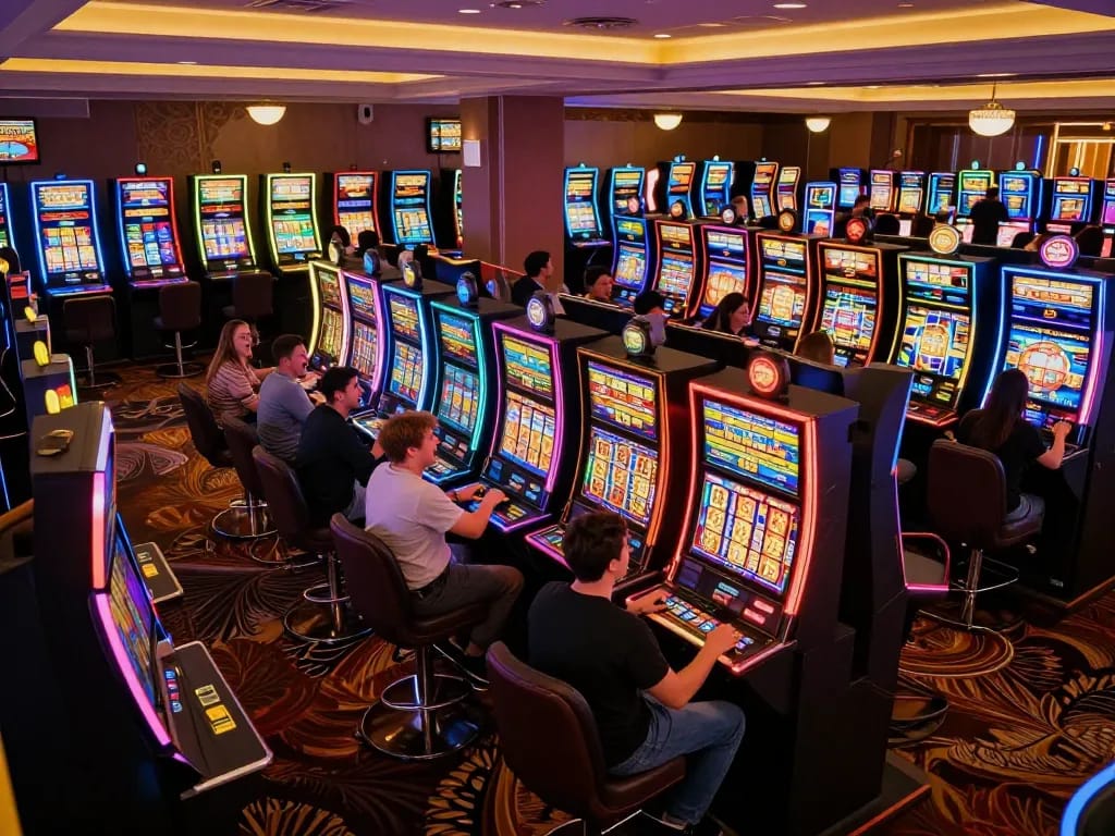 Celebrating a slot bonus win with excitement among friends at a vibrant casino game