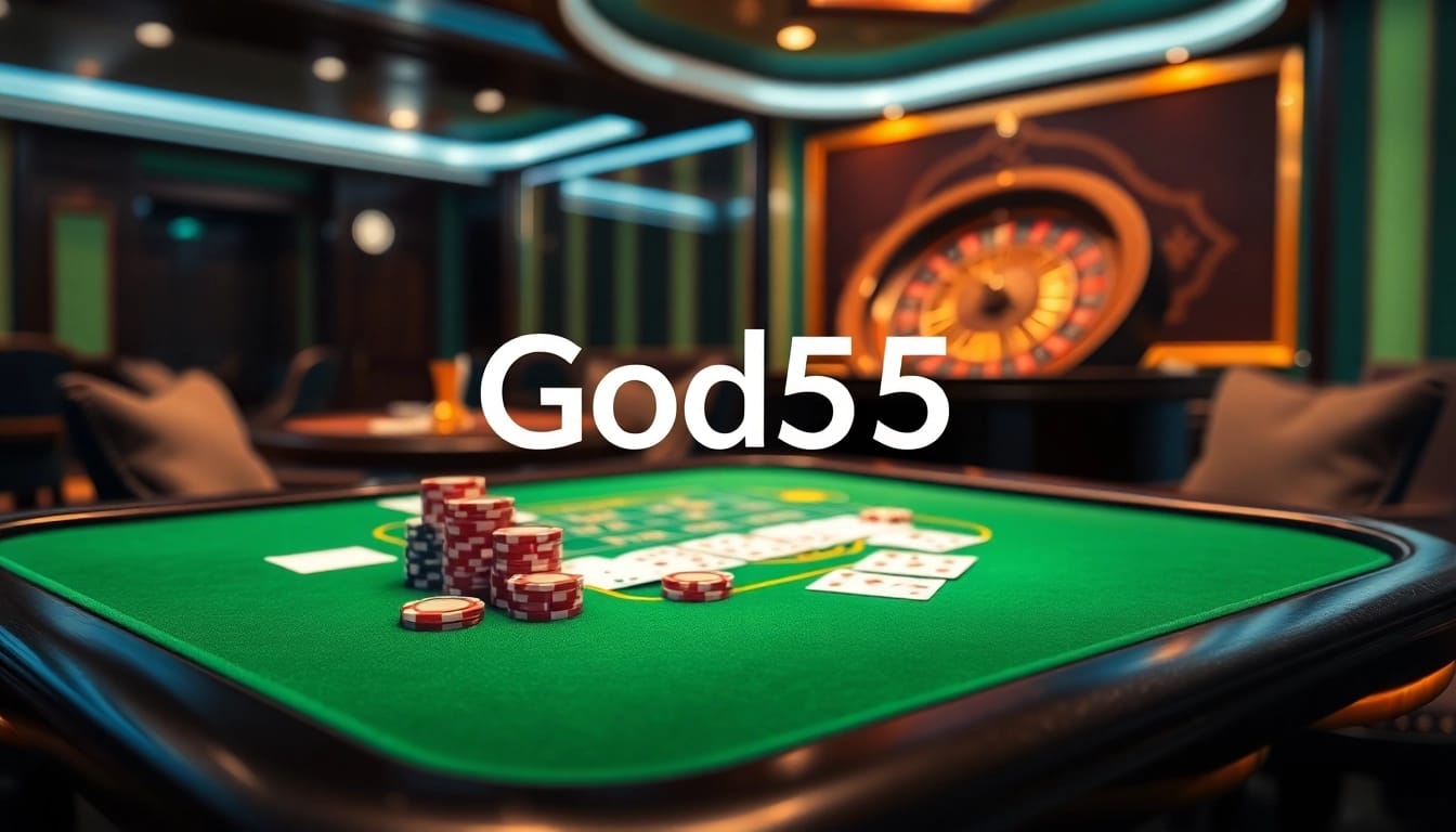 God55 casino interface featuring poker chips and cards at an elegant gaming table.