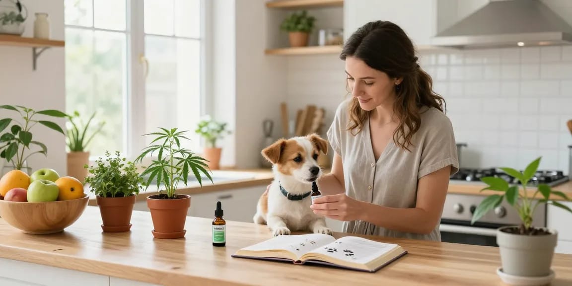 Hempworx pet CBD oil administration for pet wellness in a bright kitchen with fresh herbs.