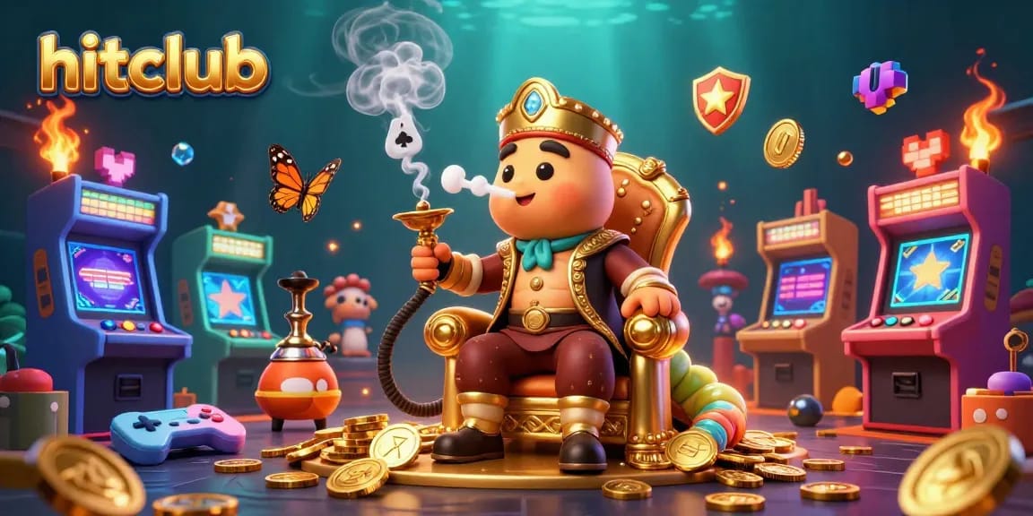 Hitclub captivates with a vibrant underwater casino scene featuring a hookah-master caterpillar amidst gaming machines.