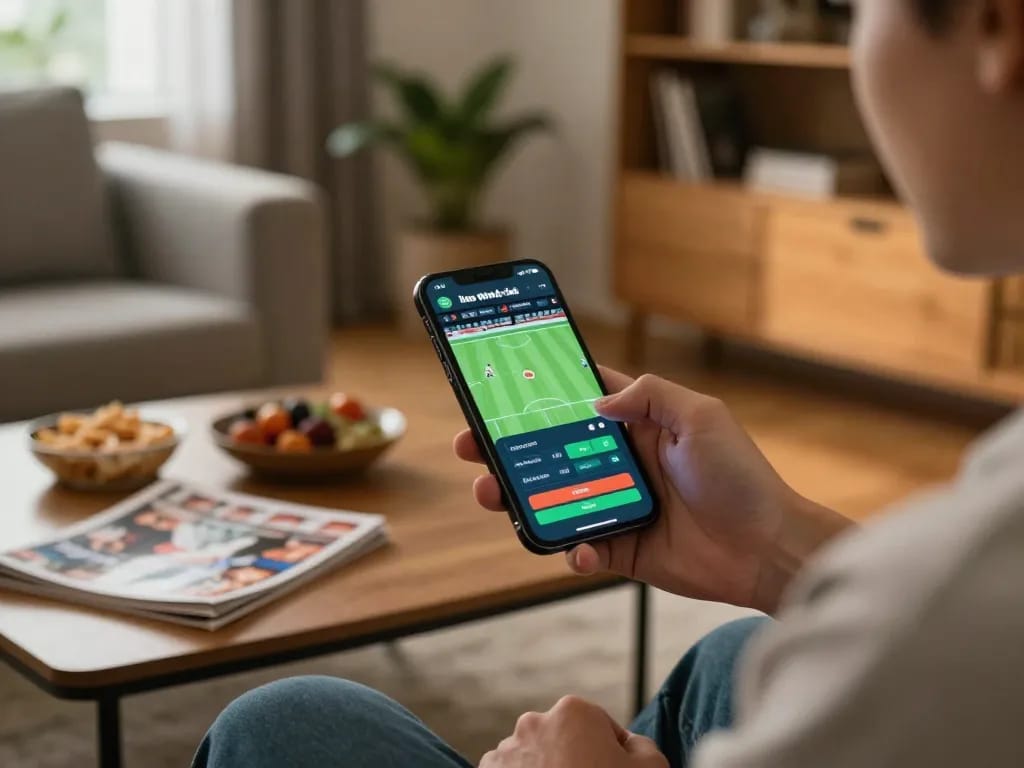Person engaging in online sports betting using keo nha cai on smartphone in cozy home setting.