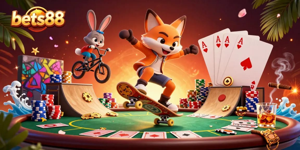 bets88's vibrant casino scene showcases a fox performing tricks on poker chips with a rabbit in this thrilling 3D illustration.