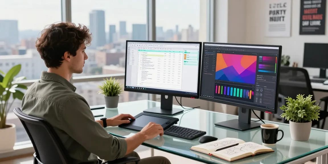 Professional workspace illustrating the WPS Official Website with laptops, graphics, and a vibrant city view, showcasing creative productivity.