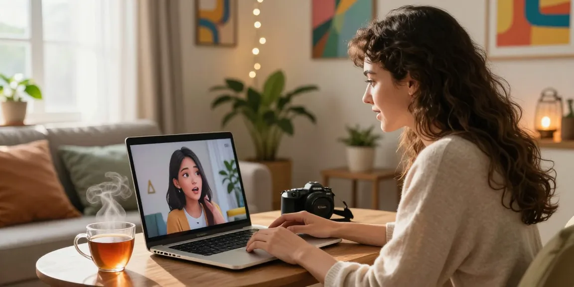 Engaging conversation with an AI girlfriend in a cozy living room setting
