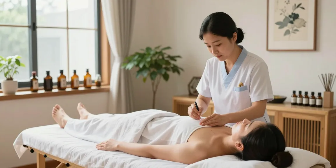 Holistic treatment at 영통한의원 with acupuncture session showing patient relaxation and professional care.