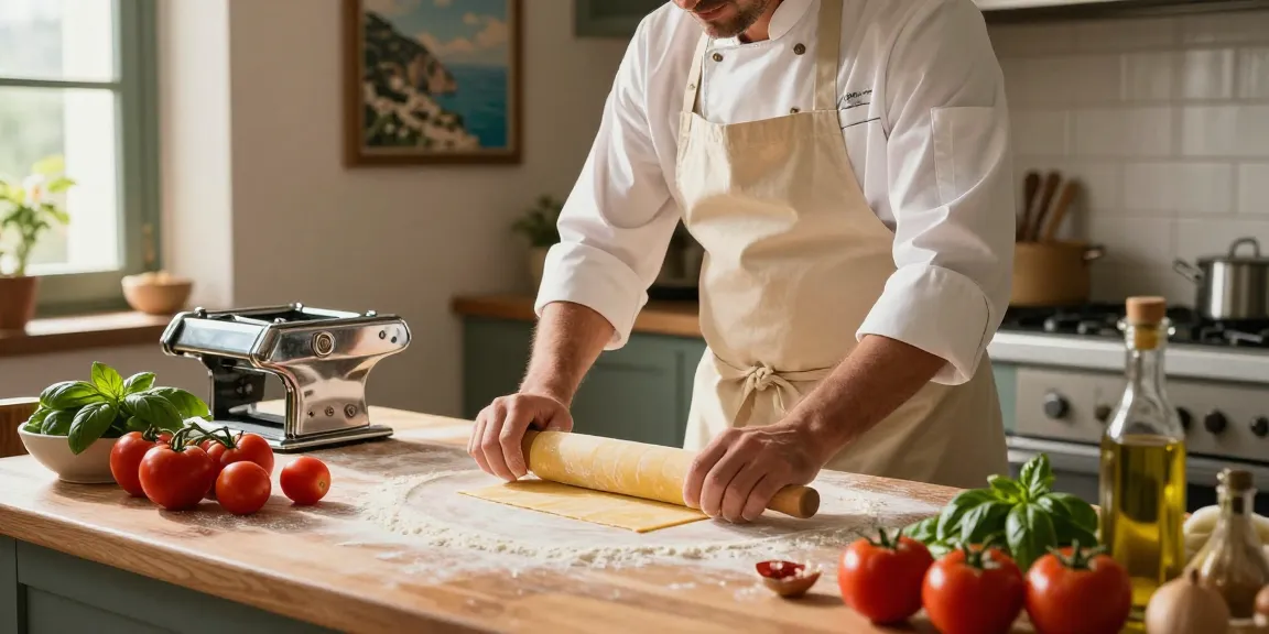 Chef preparing Italian pasta with fresh ingredients in a rustic kitchen