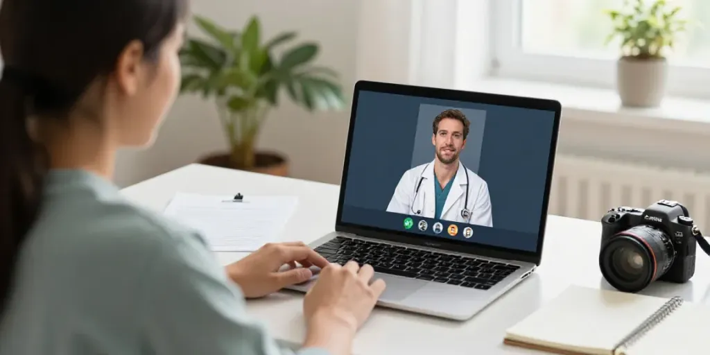 Patient consulting with a doctor for an MMJ card online in a cozy home office.