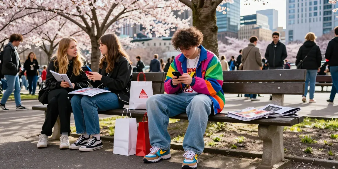 Youthful fashion enthusiast in trendy outfit sitting at urban park bench near https://shs-dome5.com/ surrounded by cherry blossoms and friends sharing shopping experiences.