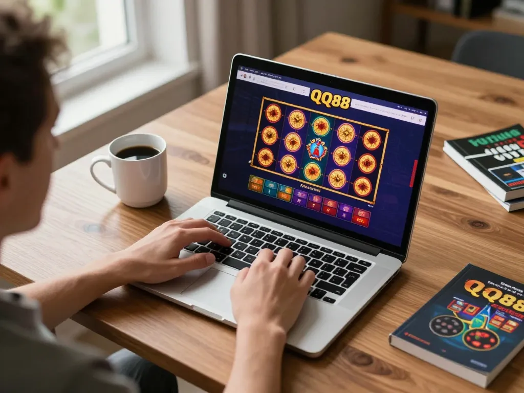 Engaging online gaming session on QQ88 with vibrant slots displayed on laptop screen