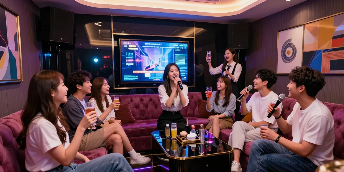 Thrilling 강남가라오케 experience with friends enjoying a private karaoke room filled with vibrant lights and luxury.