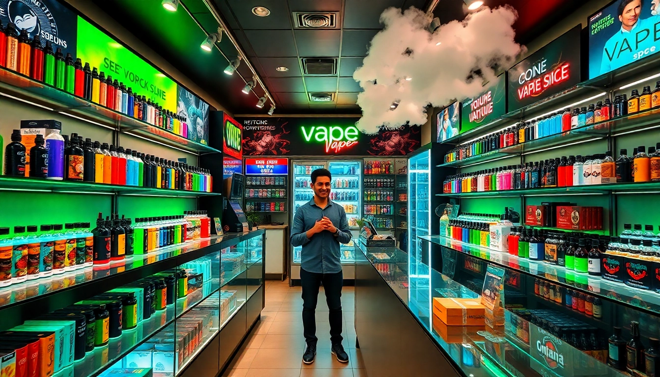 Shop in a vibrant vape shop brimming with colorful devices and liquids for sale.