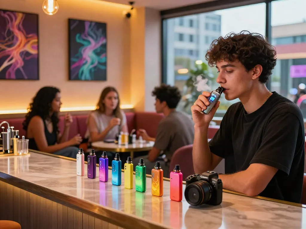 Stylish young adult enjoying Hitz infinity Gen 7 vape in a vibrant lounge.