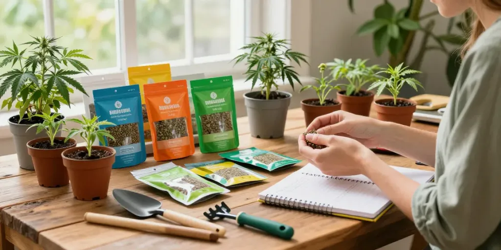 Shop cannabis seed varieties with a gardener examining cannabis seed packets in a warm indoor setting.