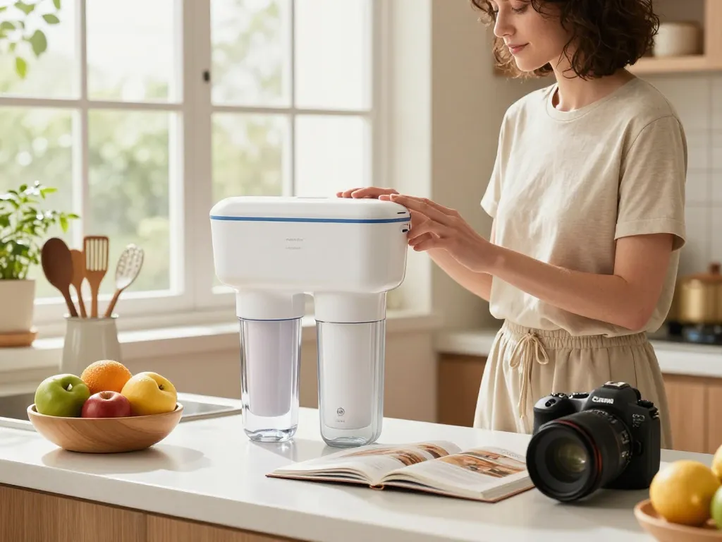 Person checking Overbest OB6013 Replacement for GE® MWF® water filter in cozy kitchen setting.