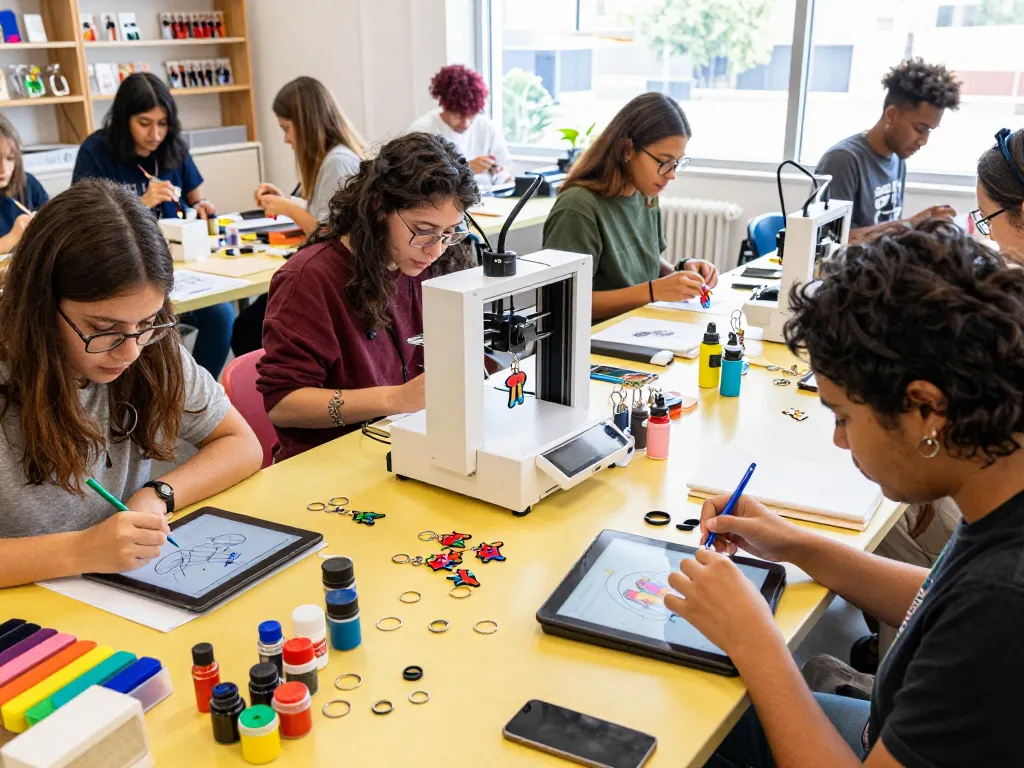 Creative workspace scene featuring artists designing keychain custom products with vibrant colors and materials.