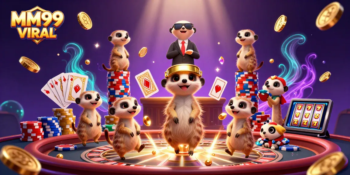 Engaging scene of meerkats running an MM99 VIRAL casino with vibrant gaming elements