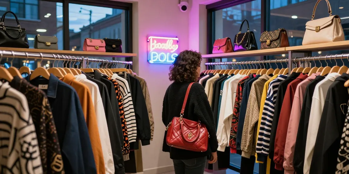 Browsing luxury 명품 레플리카 items in trendy boutique with vibrant atmosphere