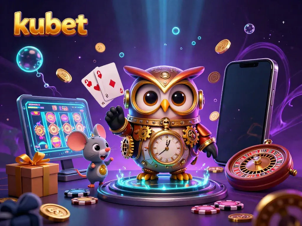 Experience the thrill of kubet with vibrant casino elements and animated characters in an immersive 3D illustration.