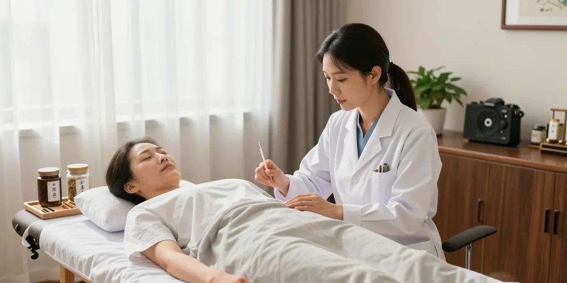 Healing acupuncture session at 수원교통사고한의원, showcasing a professional acupuncturist treating a patient.